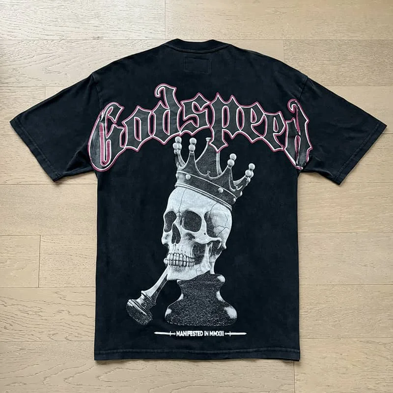 

High Quality Godspeed T Shirts American Hip Hop Skull Retro Print Washed Black Cotton Short Sleeve Women Men Tops