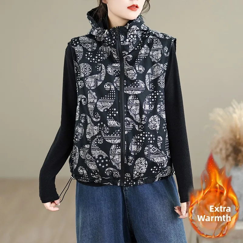 Women's Two-Sided Wear Autumn Winter Cotton Vest Hooded Versatile Slimming Warm Cotton Jacket Cotton Coat Outerwear