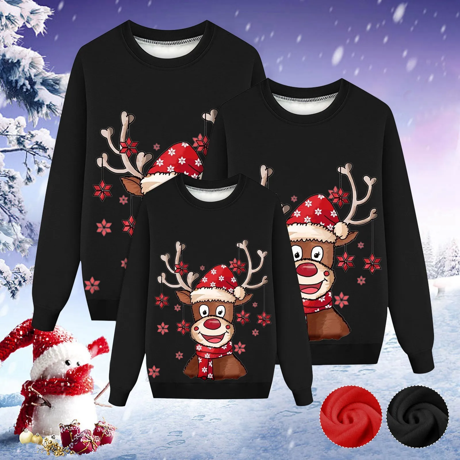 Ugly Christmas Family Sweater Casual Round Neck Warm Plus Velvet Pullover Long Sleeve Threaded Hem Christmas Printed Sweatshirt