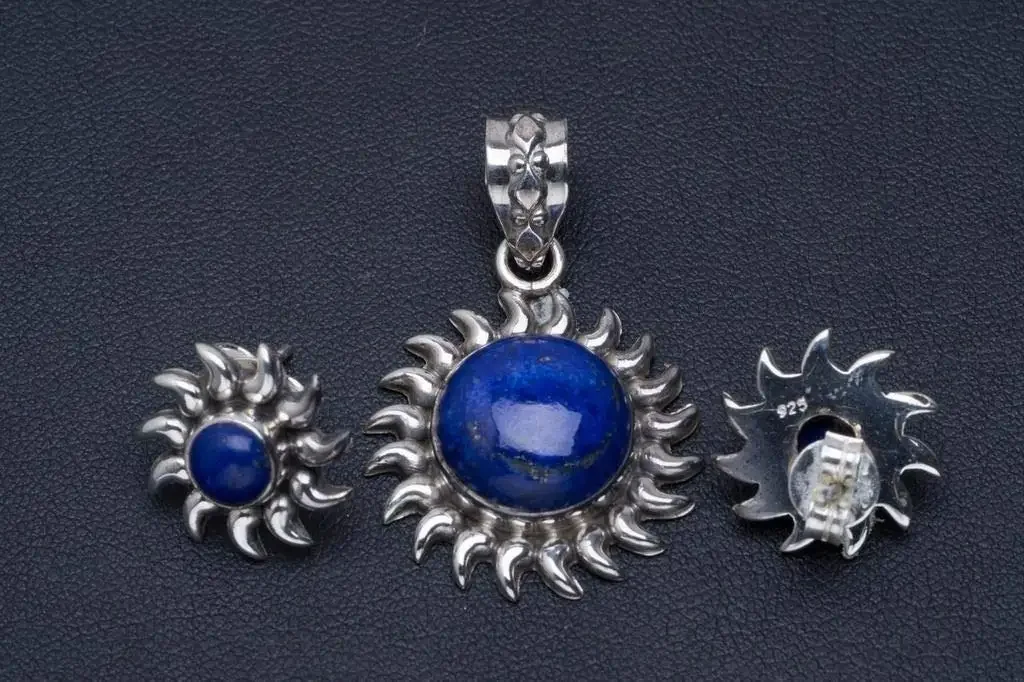 

Hesy® Natural Lapis Lazuli Handmade Unique 925 Sterling Silver Jewelry Set Pendant 1.5" Studs 0.5" A3774
