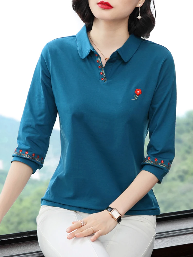 

Ele Cotton T-irt Ethnic Sle Turn-down Collar Tee-quarter Sve Women's Faion Spring Autumn Pure Cotton Top