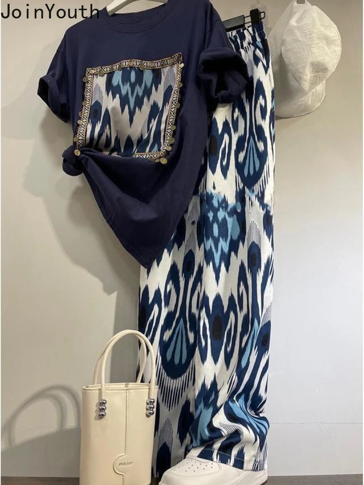 Summer Two Piece Set 2024 Women Clothing Print Short Sleeve Tshirts High Waist Chiffon Wide Leg Pants Outfits Casual Korean Suit