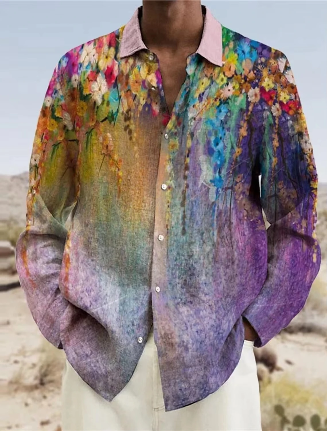 

​ ​ Современная уличная рубашка для мужчин 2024, отложным воротником и длинным рукавом с цветочным графическим принтом