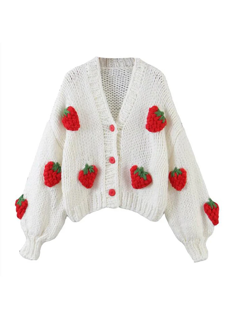 ZOKI Cute Strawberry Women Cardigan Sweater Winter Loose Fashion V Neck Hand 3D Knitting Ladies Jumper Casual Female Coats New