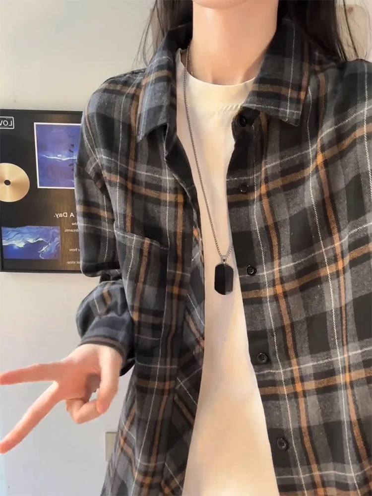 

American Retro Plaid Long Sve Men's irt Early Autumn Lazy Sle High-End Feeling Couple's Cheered irt Loose Fit Butt...