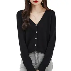 Cardigans for Women's Sweater 100% Merino Wool Cardigan Autunm Winter V Neck Vintage Soft Long Sleeve Knit Sweaters y2k Clothing