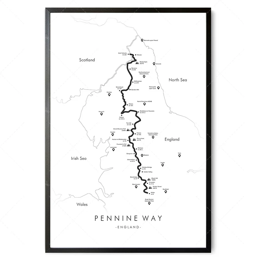 Impresión de Pennine Way, mapa de ruta de Pennine Way, senderismo en el Reino Unido, cartel de senderismo de Inglaterra del Norte para regalar sus aventuras
