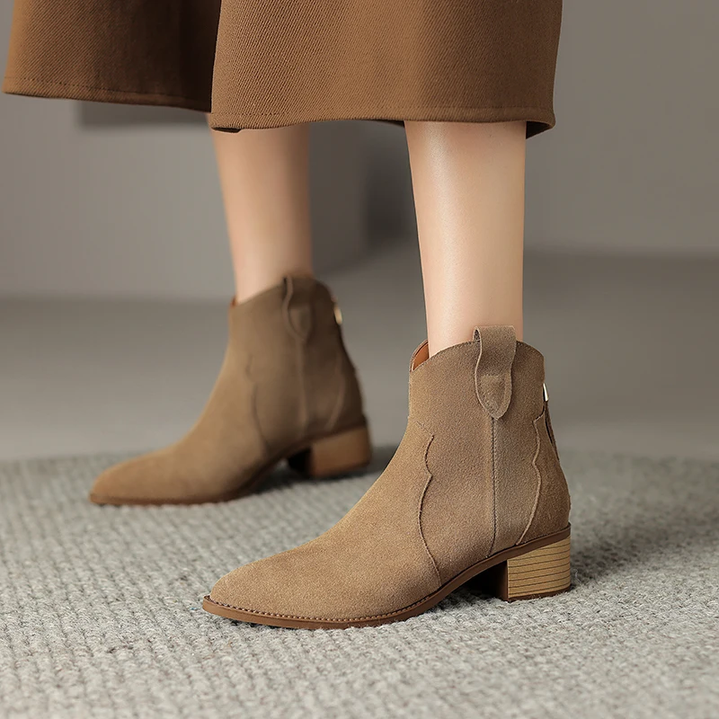 

Winter Classic Chelsea Boots for Woman Cow Suede Pointy Toe Square Heels Ankle Boots Simple Comfortable Cowboy Boots Female New