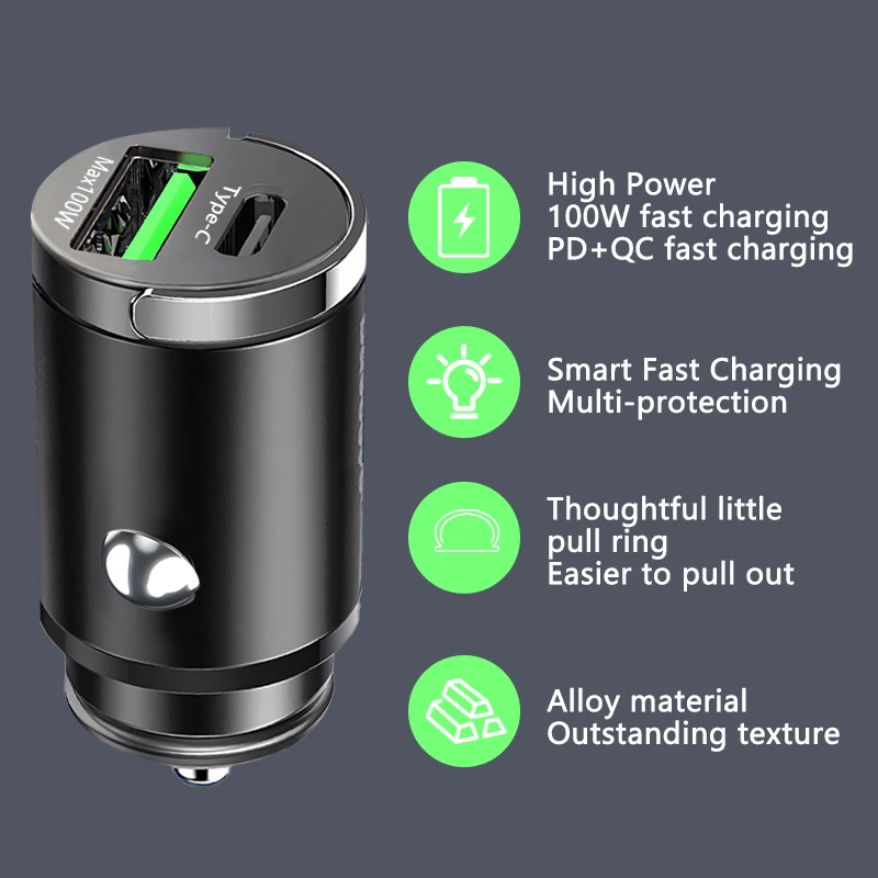 

100W Car Charger Lighter Fast Charging for QC3.0 Mini PD USB Type C Car Phone Charger for all Android/iOS