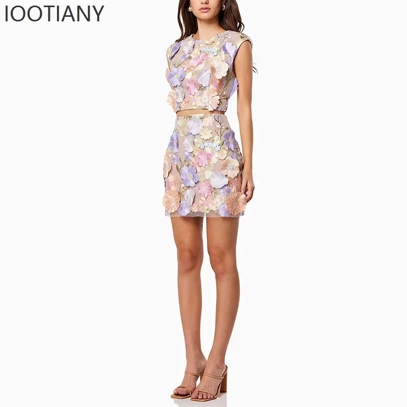 CosplayWomen تنورة قطعتين دعوى عالية الجودة التطريز الكروشيه أكمام مزاجه أنيقة الحلو البنطال القصير الورك تنورة دعوى