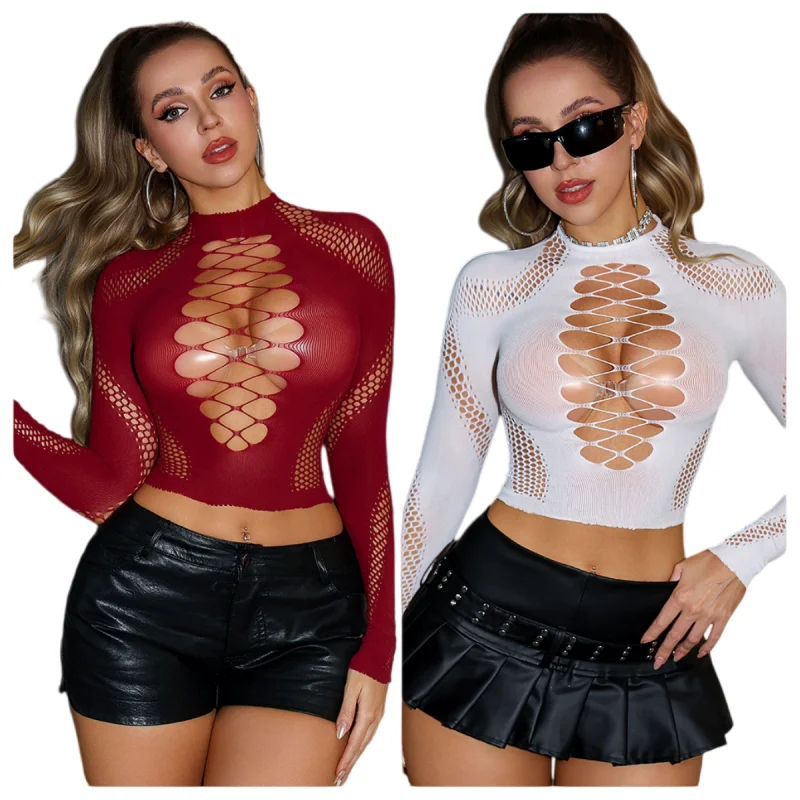 Sexy High Neck Slim Fit T-Shirt for Young Women Hollow out Long Sleeve High Waist Trendy Top Show Chest Large Size Available