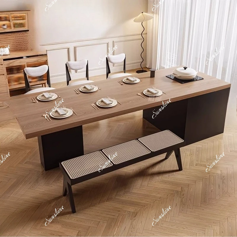 

Full rock slab island tea table dining table integrated log cream wind moving down