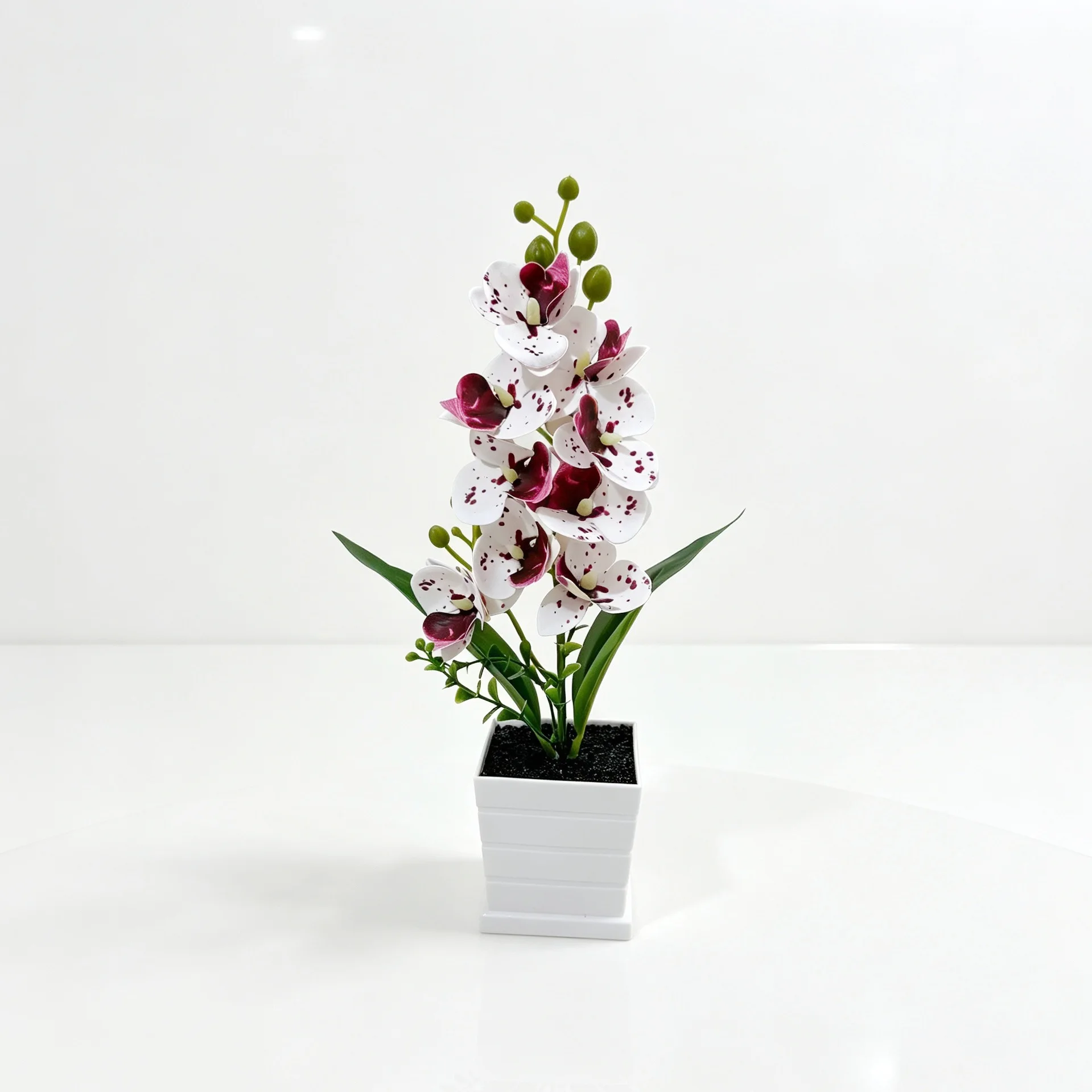 Artificial Phalaenopsis Orchid 32cm Colorful Plastic Potted Plant Striped Pot Fake Flower No Maintenance Home Office Table Decor