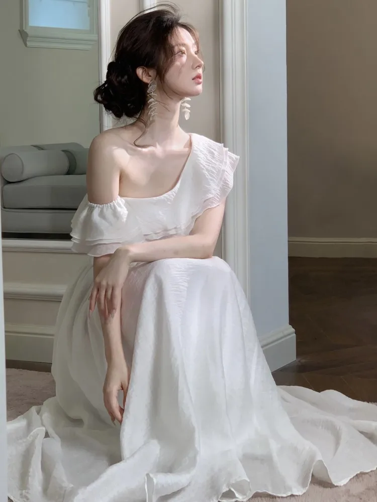 妖精エレガントなフリルパーティードレス女性無地 A ライン誕生日傾斜肩イブニング韓国ウエディングドレスホリデー女性ローブ