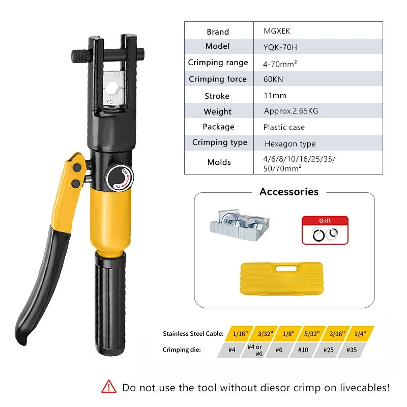 MGXEK Hydraulic Crimping Tool YQK-70、YQK-70H Cable Lug Crimper Plier 4-70m² Compression Tool Pressure 5-6T Pressure
