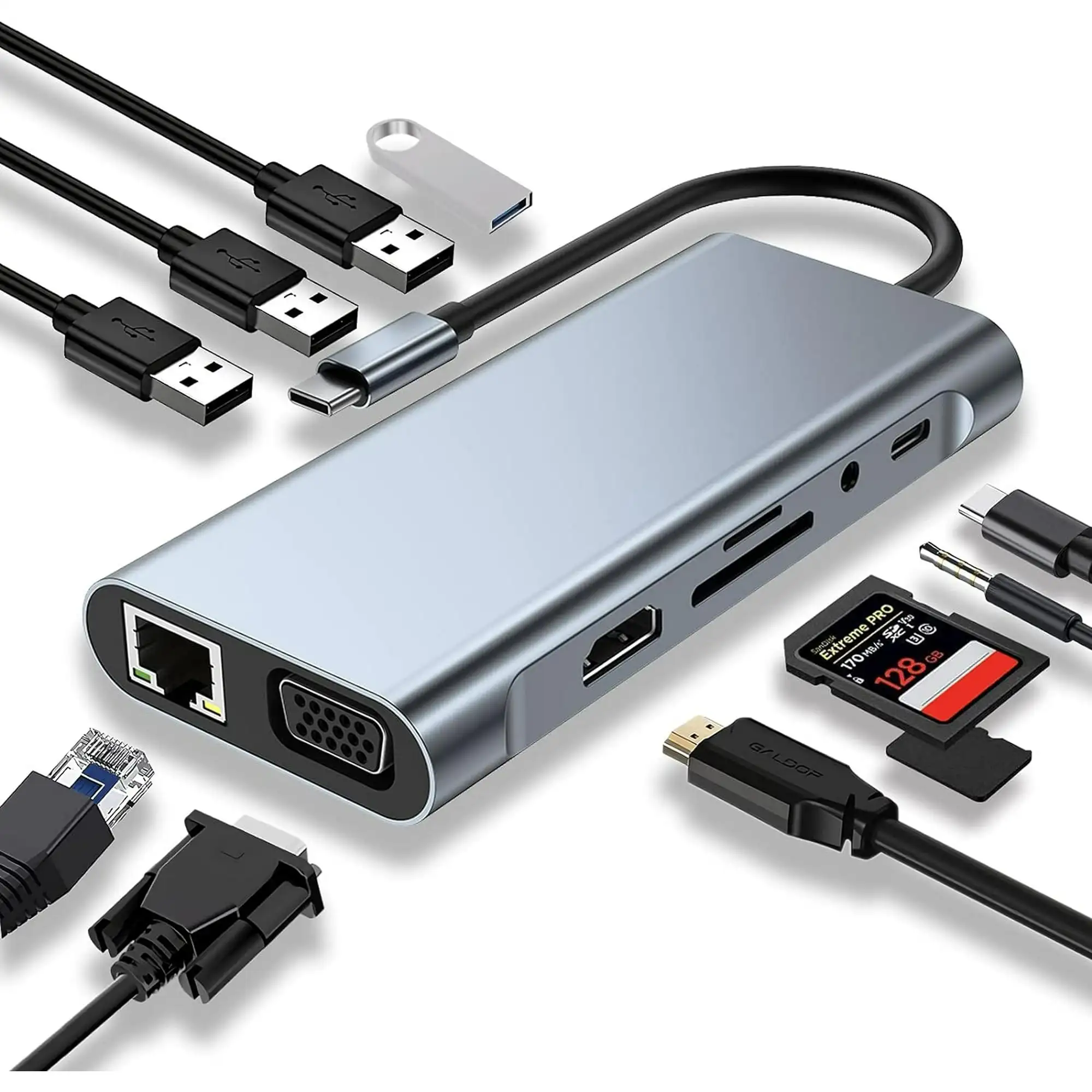

Адаптер-концентратор USB C 11 в 1 с 4K HDTV VGA Type C PD USB 3.0 RJ45 Ethernet SD/TF Card Reader Type C HUB Dock для MacBook