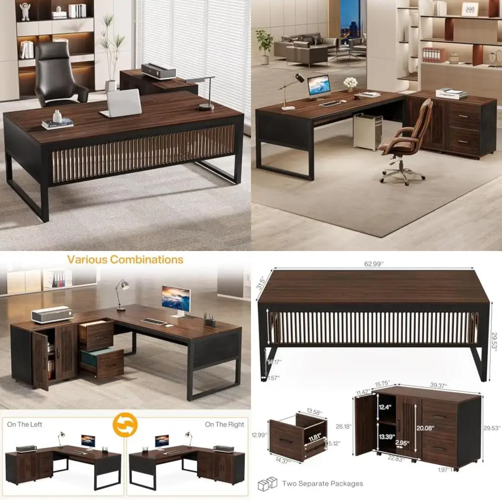 

63-дюймовый исполнительный стол, большой офисный стол с мобильным картотечным шкафом, современная l-образная компьютерная мебель с дверью