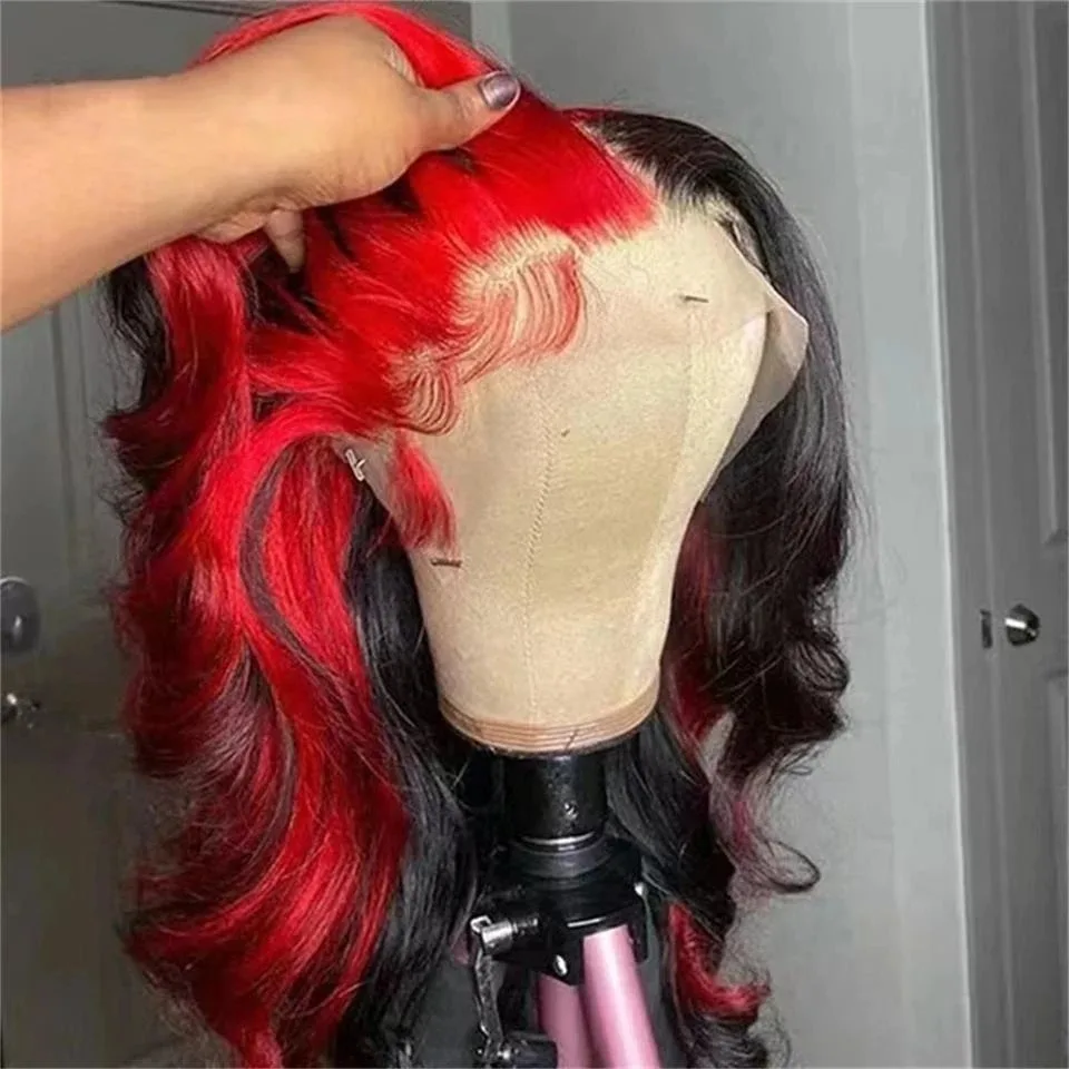 

Черно-красный парик с эффектом Body Wave, синтетический, с кружевной передней частью 13x4 HD, без клея, высокого качества, предварительно проработанный, для косплея