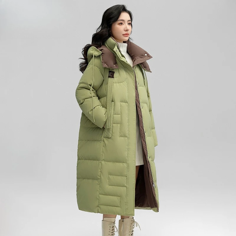 2025 الشتاء طويل أسفل سترة الرجال النساء الفاخرة خفيفة الوزن مقنعين أوزة أسفل سترة دافئة الشارع الشهير الثلوج سميكة سترة منفوخة #1