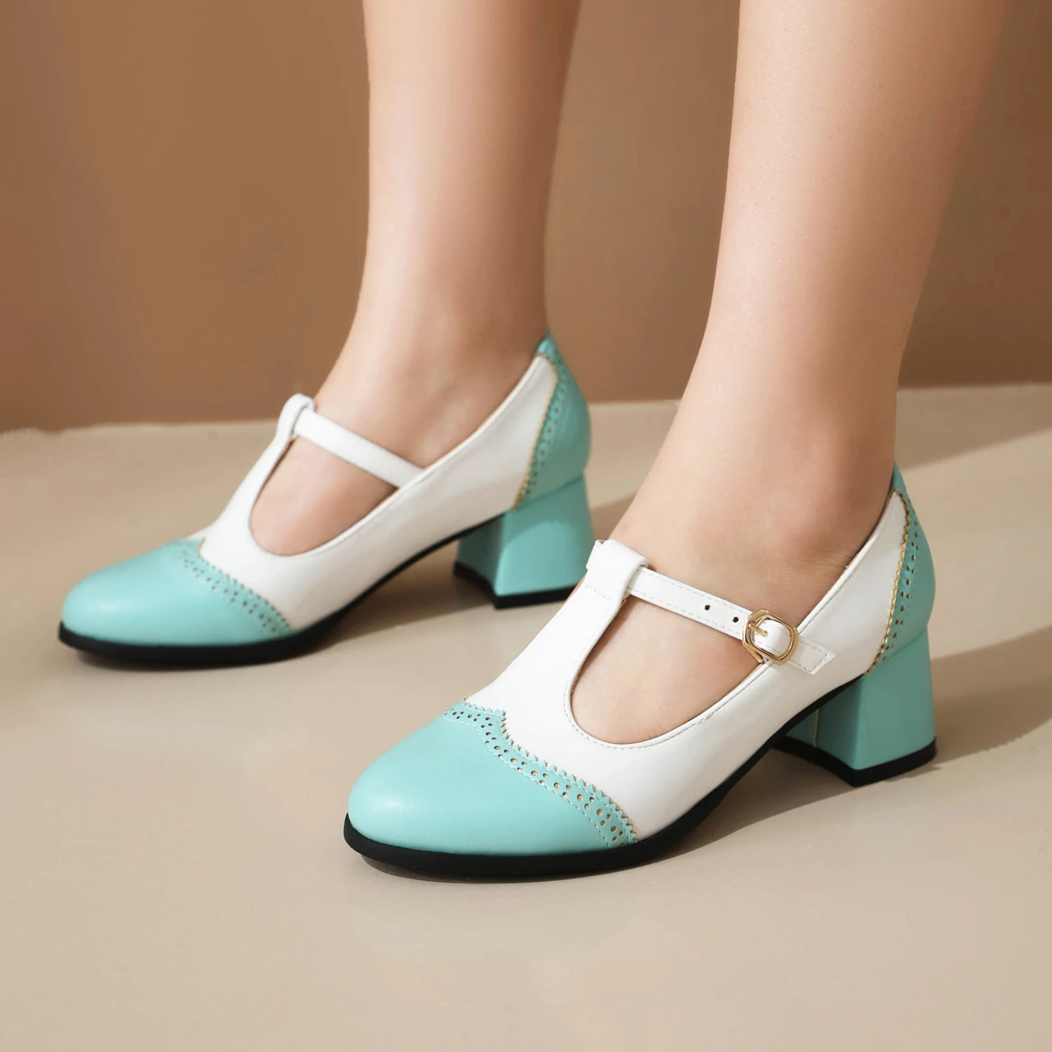 Sweet T-strap Pumps Women High Block Heels Blue Black Patchwork Round Toe Dress Office Lady Spring Oxford Style Mary Janes Shoes