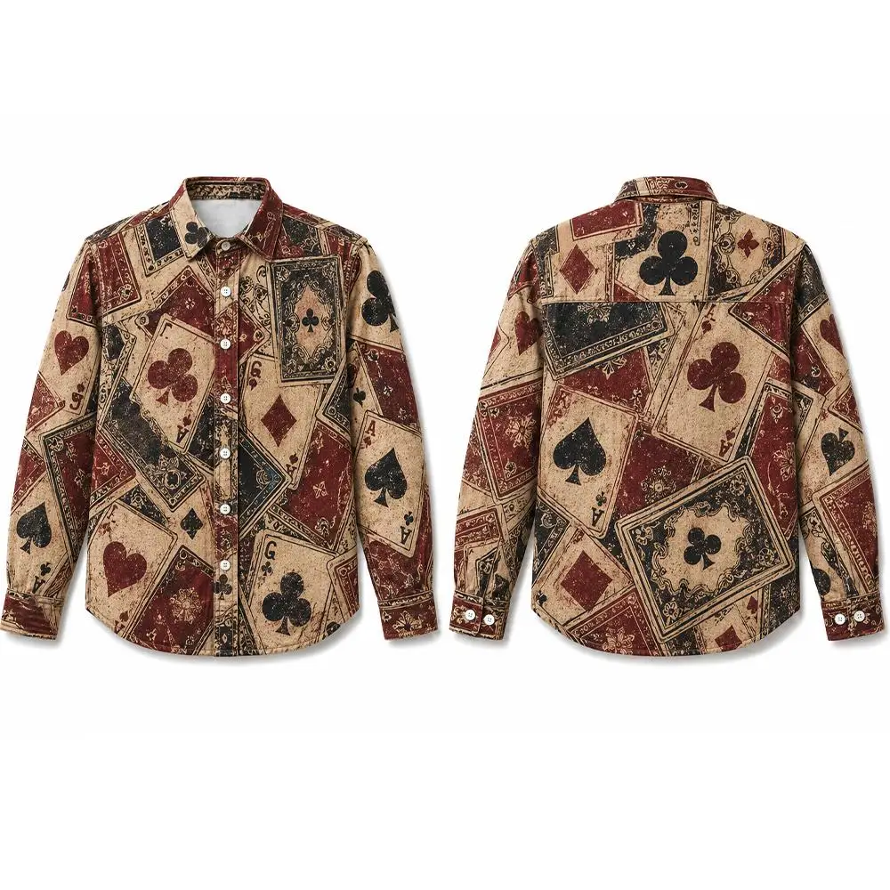 Men's Cotton Vintage Playing Card Print Long Sleeve Shirt Retro Graphic Button Down Casual Streetwear Tops Holiday Party Outfit