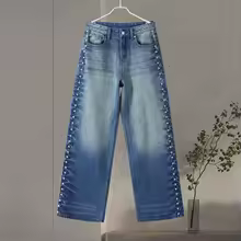 Fashion Women's Beaded Jeans Y2k High Waist Pockets Female Straight Denim Pants 2025 Spring Summer Lady Street Vintage Trousers - AliExpress 