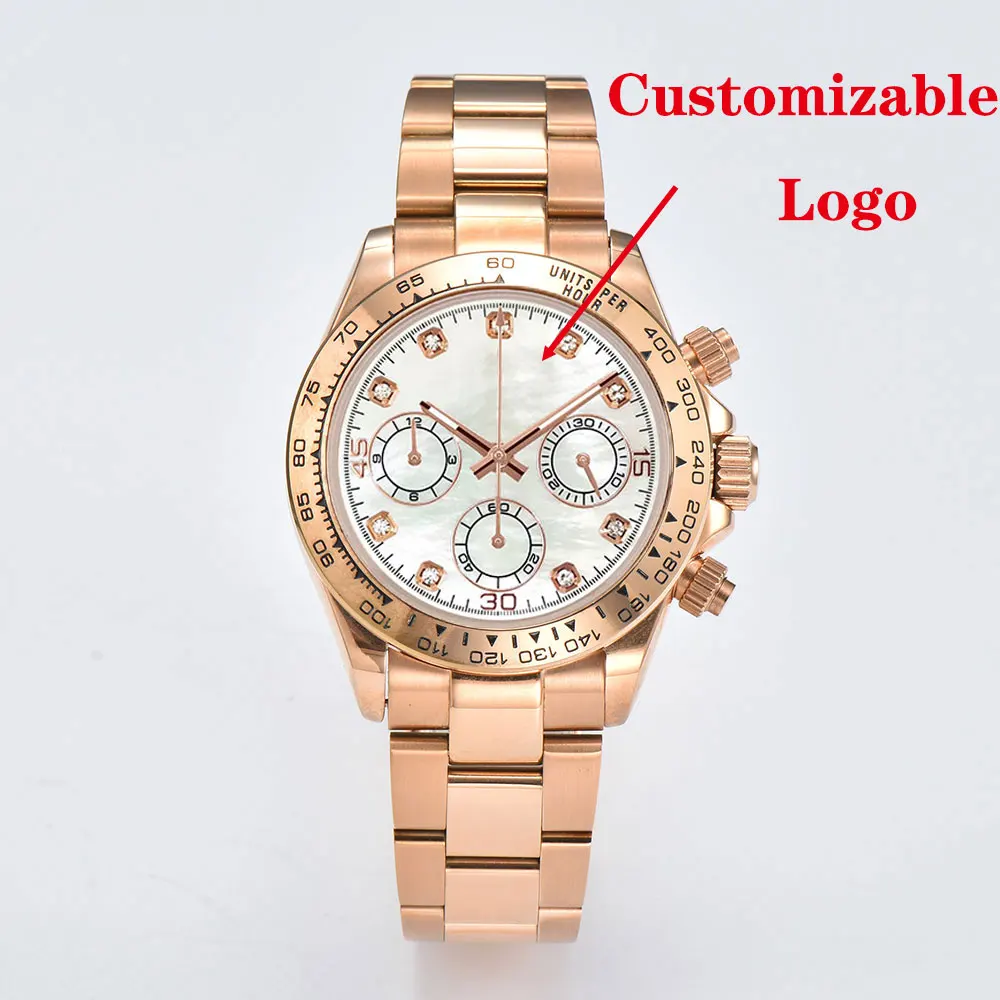 Reloj de pulsera para hombre de oro rosa de 39mm, movimiento VK63, cronógrafo de cuarzo, cristal de zafiro, caucho, reloj de pulsera personalizado de lujo para hombres de negocios