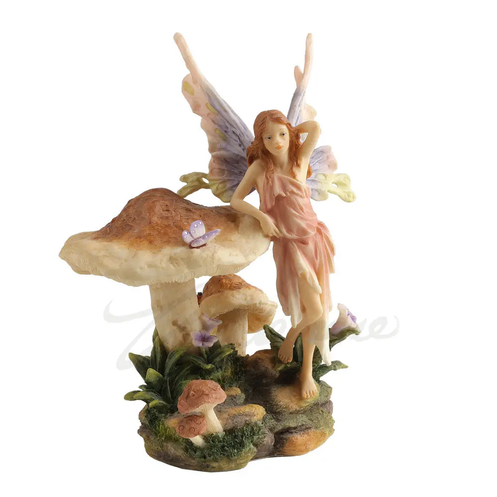 Forest Fairy Leaning on Mushroom Resin Figurine Winged Elf with Butterfly Statue Fantasy Nymph Sculpture Garden Desktop Ornament