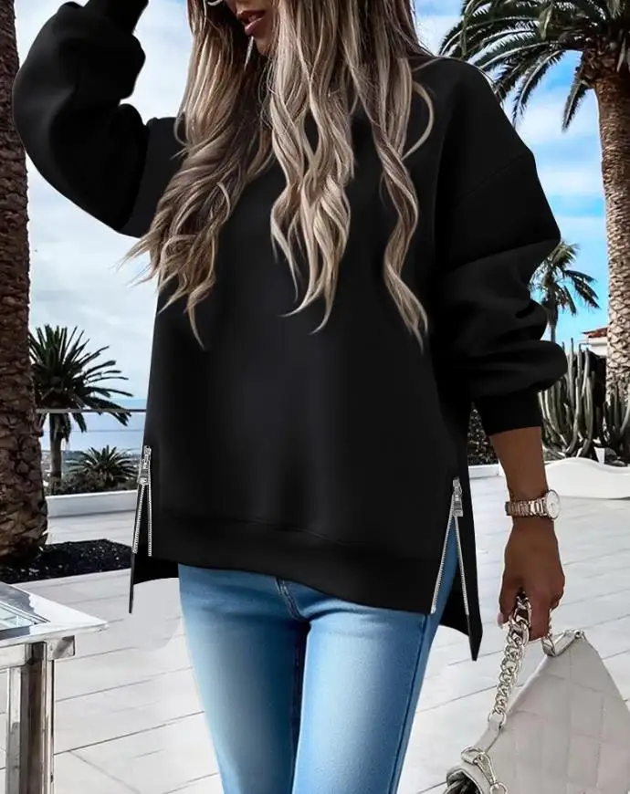 Women's Sweatshirts 2025 Spring New Round Neck Drop Shoulder Long Sleeve Zipper Side Slit Sweatshirt Casual High-Low Hem Top
