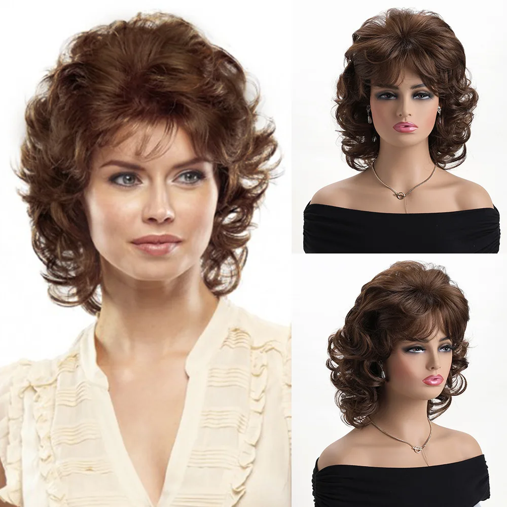 

Heat Resistant Short Curly Wig for Women Voluminous Blonde Brown Synthetic Hair with Side Bangs Pre-Styled Bob Full Wig Cap
