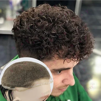 Perucas cinzentas do cabelo humano do laço completo encaracolado, substituição do Toupee, nós descorados, prótese masculina, laço suíço indetectável, durável, 20mm