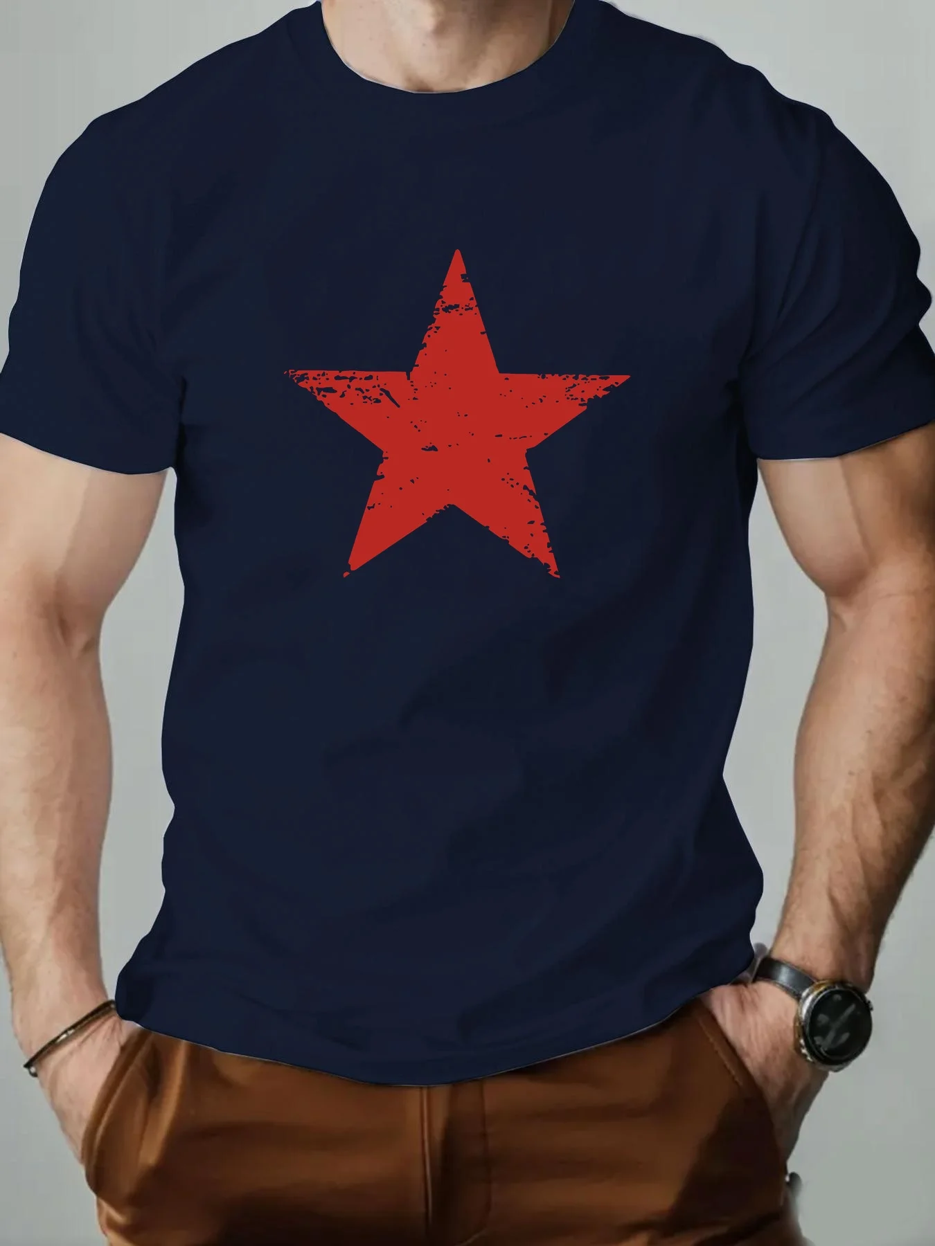 Men's Summer 100% Pure Cotton Fashionable Casual Loose Red Star Pattern Printed Collar Short Sleeved T-Shirt Top