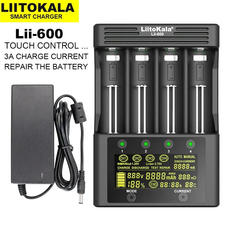 

LiitoKala Lii-600 Battery Charger For Li-ion 3.7V and NiMH 1.2V battery Suitable for 18650 26650 21700 26700 AA + 12V5A adapter