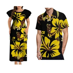 Hibiscus Flower New Puletasi Polynesian Couple Custom Patterned Design Set Skirt Summer Short Sleeve Men'S Casual Pocket Shirt