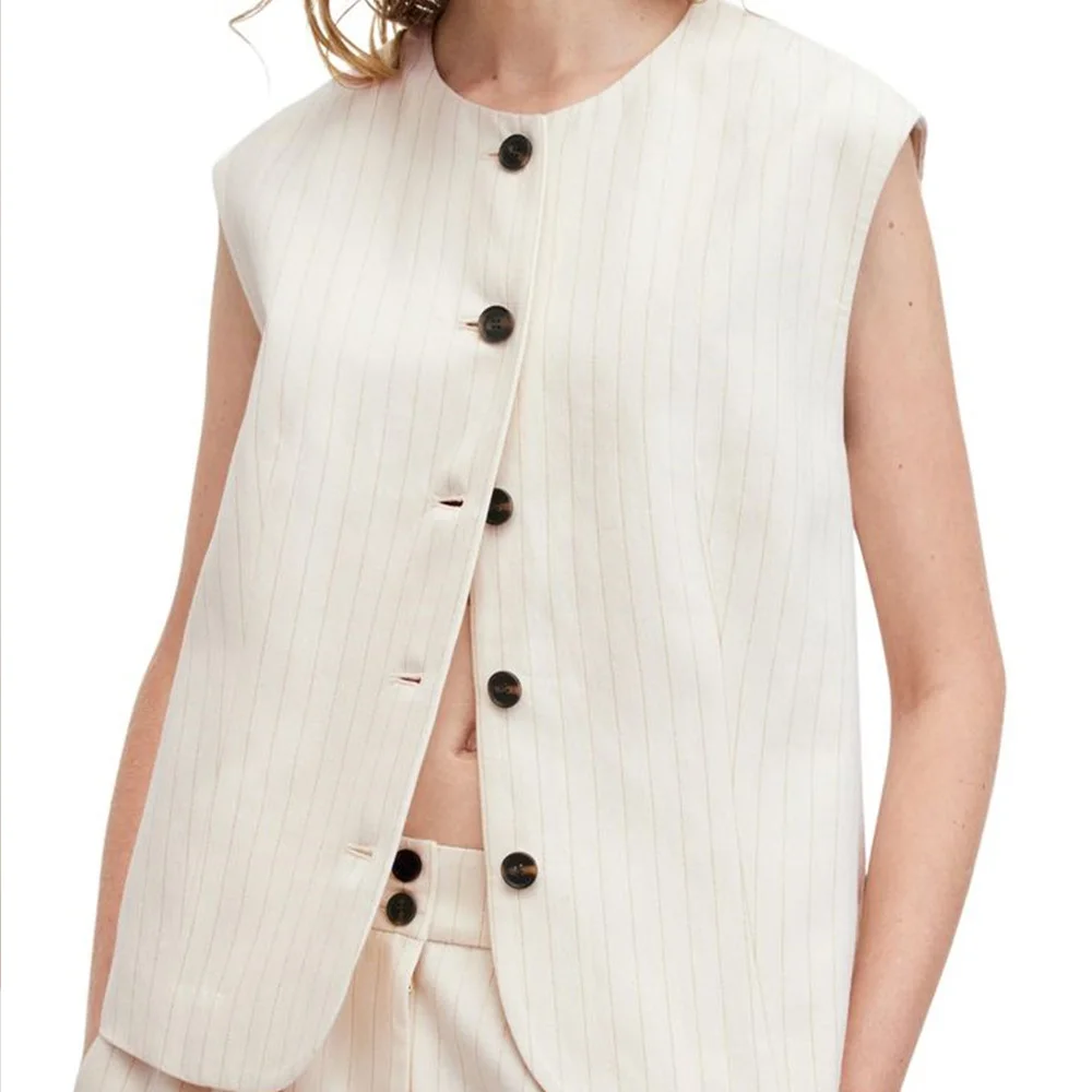 Dames Vest Gestreepte O-hals Met Enkele Rij Knopen Vest Mouwloze Dameskleding Chic Tops Bovenkleding