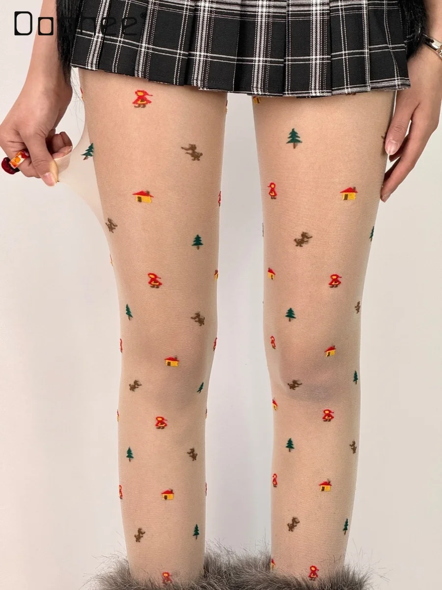 

Chic Japanese Style Christmas Tree Tights Pantyhose Women Cute Stylish Thin See Through Bottoming Stockings Ins Female Trendy