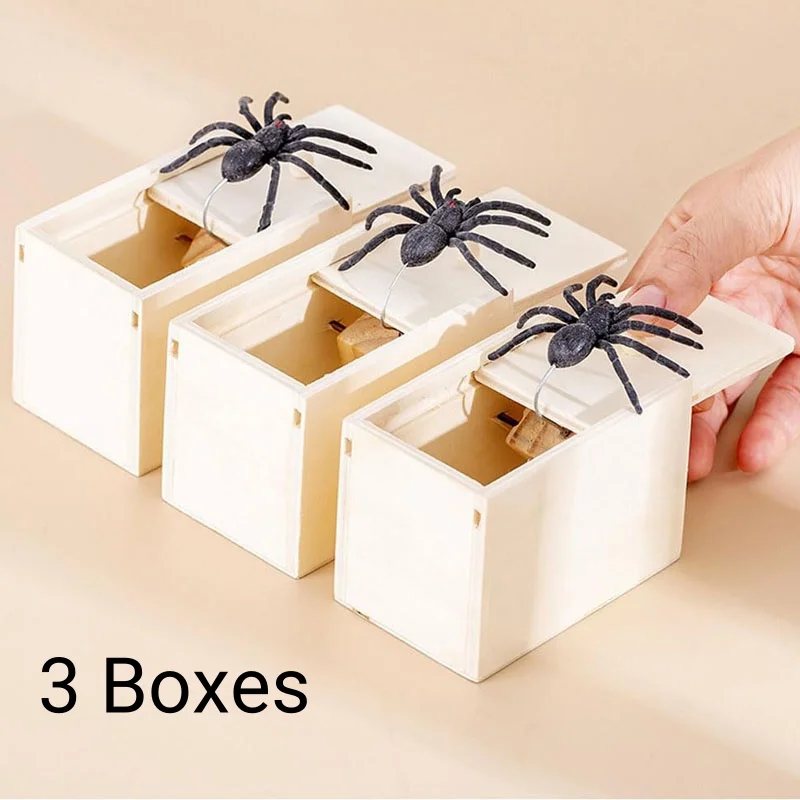 3PCS Spider Scare Prank Box Pop Out Rubber Spider Handmade Wooden Scare Box Fun Surprise Joke Prank Trick Toy Halloween Gift