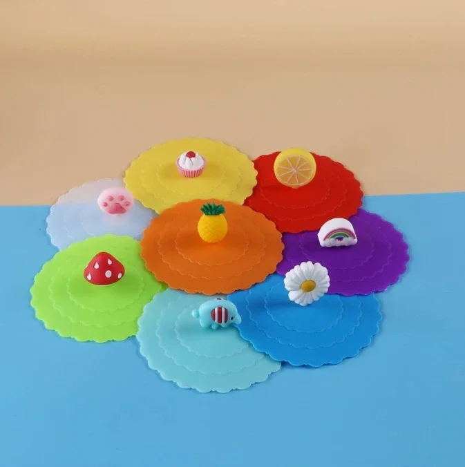 8Pcs Cup Cover Heat-resistant Silicone Sealed Lids Cartoon Food-grade Cute Funny Peculiar for Outdoor Camping Travelling