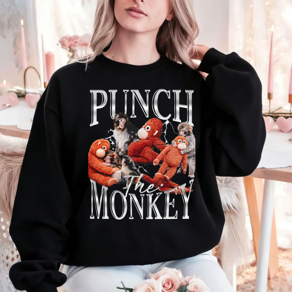 

Свитшот с графическим принтом «Punch The Monkey», винтажный пуловер с круглым вырезом и коллажем обезьян, ретро-пуловер с изображением животных и молнии, забавный подарок для любителей обезьян