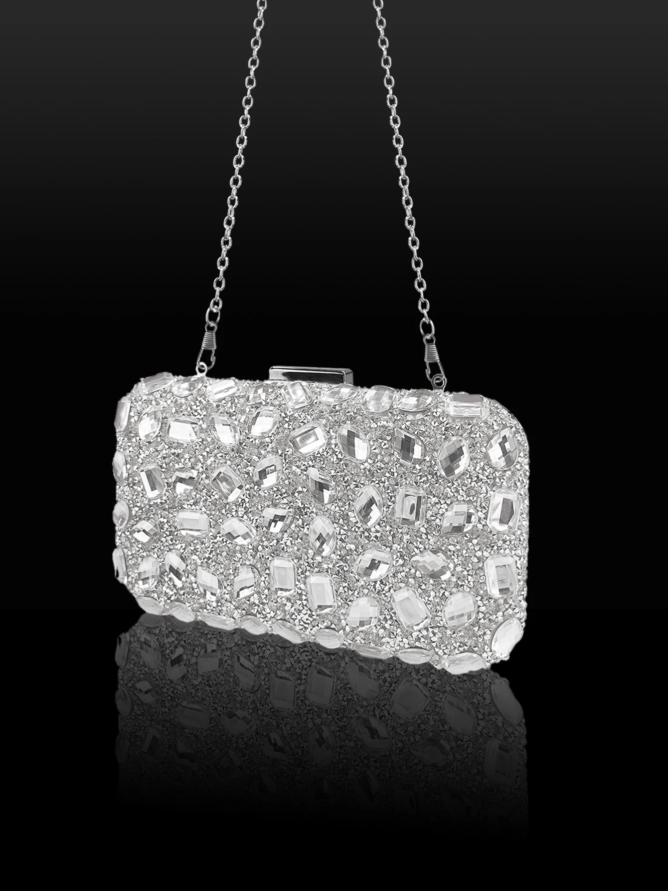 حقيبة صندوق السهرة الأنيقة والفاخرة المصنوعة من حجر الراين، مقترنة بالأقراط والسوار والقلادة، هي الهدية المثالية للفتيات #4