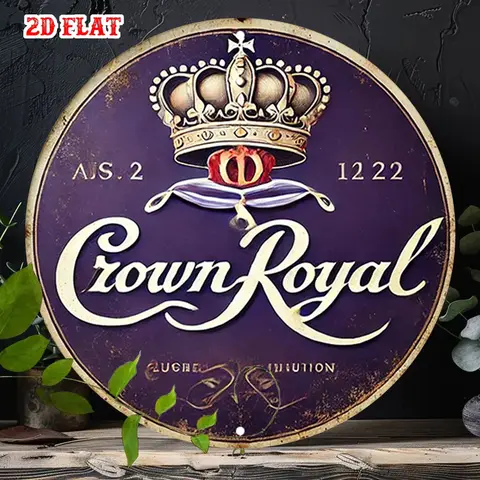 Crown Royal Whiskey Round Aluminum Sign Vintage Metal Wall Decor with Crown & Red Ribbon Design, Perfect for Home, Garage