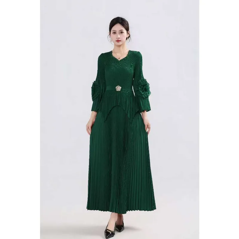 أوروبا الجديدة مياكي فستان بأكمام طويلة الزهور مكرنك اليد مطرز تصميم غير منتظم بسيط كبير الحجم مطاطا المرأة تنورة طويلة #4