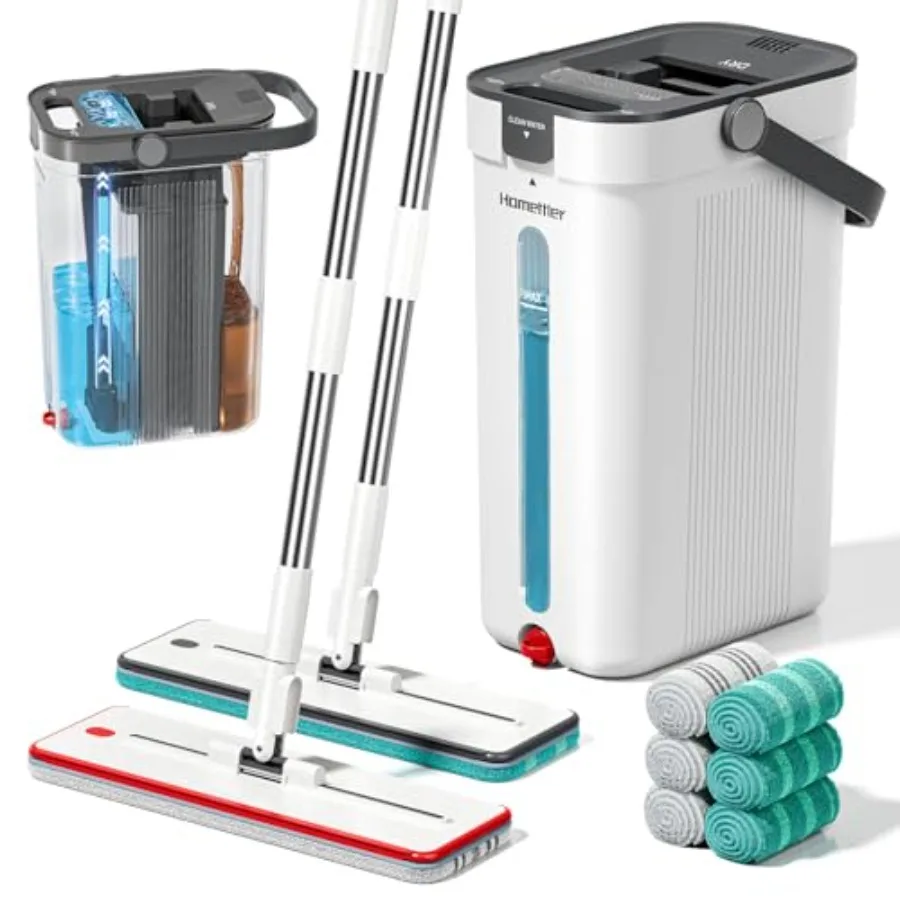 

Dual Mop and Bucket Set Flat Mop and Bucket System with Separate Dirty and Clean Water 3-Compartment Wall Cleaner Mop Flat Mops