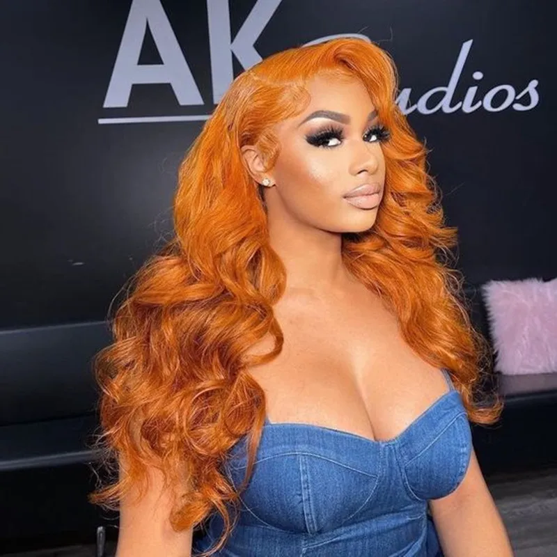 Perruque Lace Front Wig Body Wave 100% naturelle, cheveux humains, orange, 13x6, sans colle, pre-plucked, pour femmes