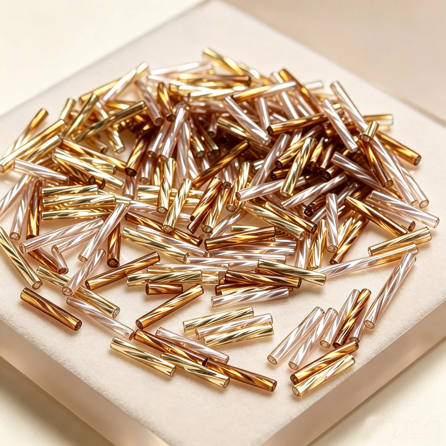 Seed Bead Tube - 11mm、45g/ロット、ゴールドのねじり模様が入ったガラス製チューブビーズ、らせん状の長いシードビーズ、DIYネックレスやブレスレット、アクセサリー作りに最適な卸売品。