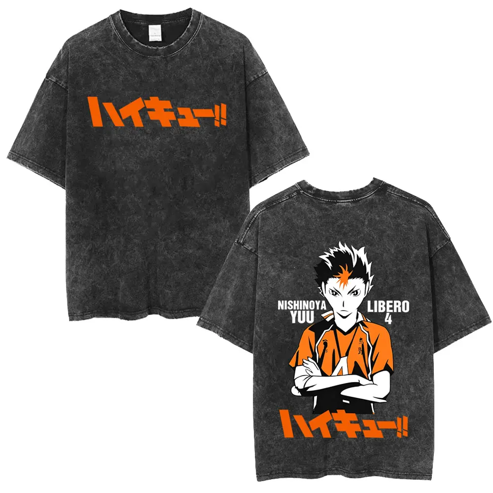 Washed Vintage Anime Haikyuu Yu Nishinoya Libero 4 Graphic T-shirt Men Women Retro Manga Oversized T Shirt Men's Cotton T-shirts