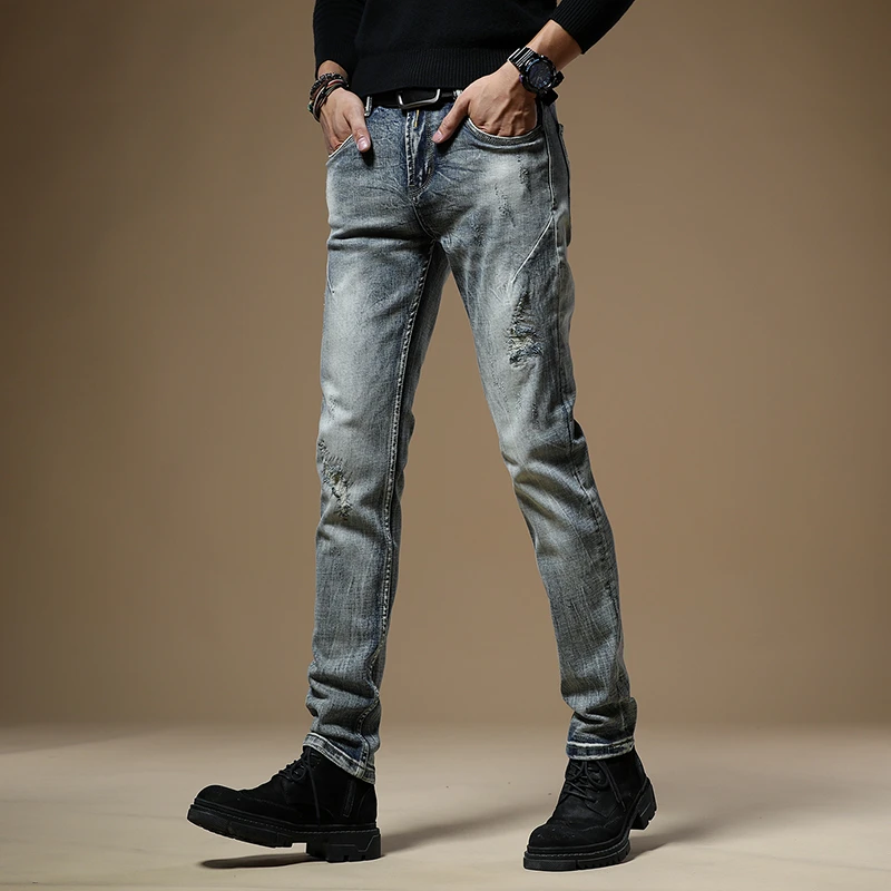 Trendy retro distressed patch jeans for men's slim fit and versatile casual stretch Korean version skinny jeans men streetwear