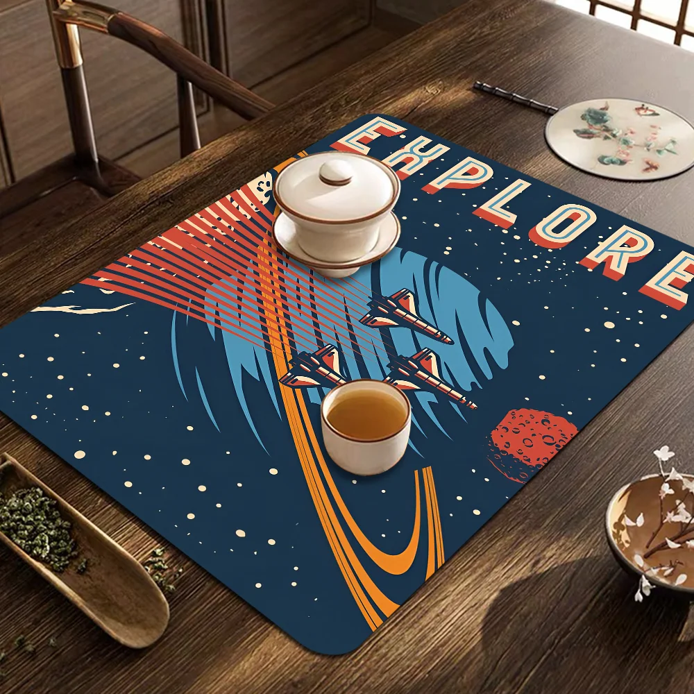 Vintage Space Astronauts Rocket Ufo Aliens Spacecraft Printed Dish Drying Mat Super Absorbent Coffee Drain Pad Quick Dry