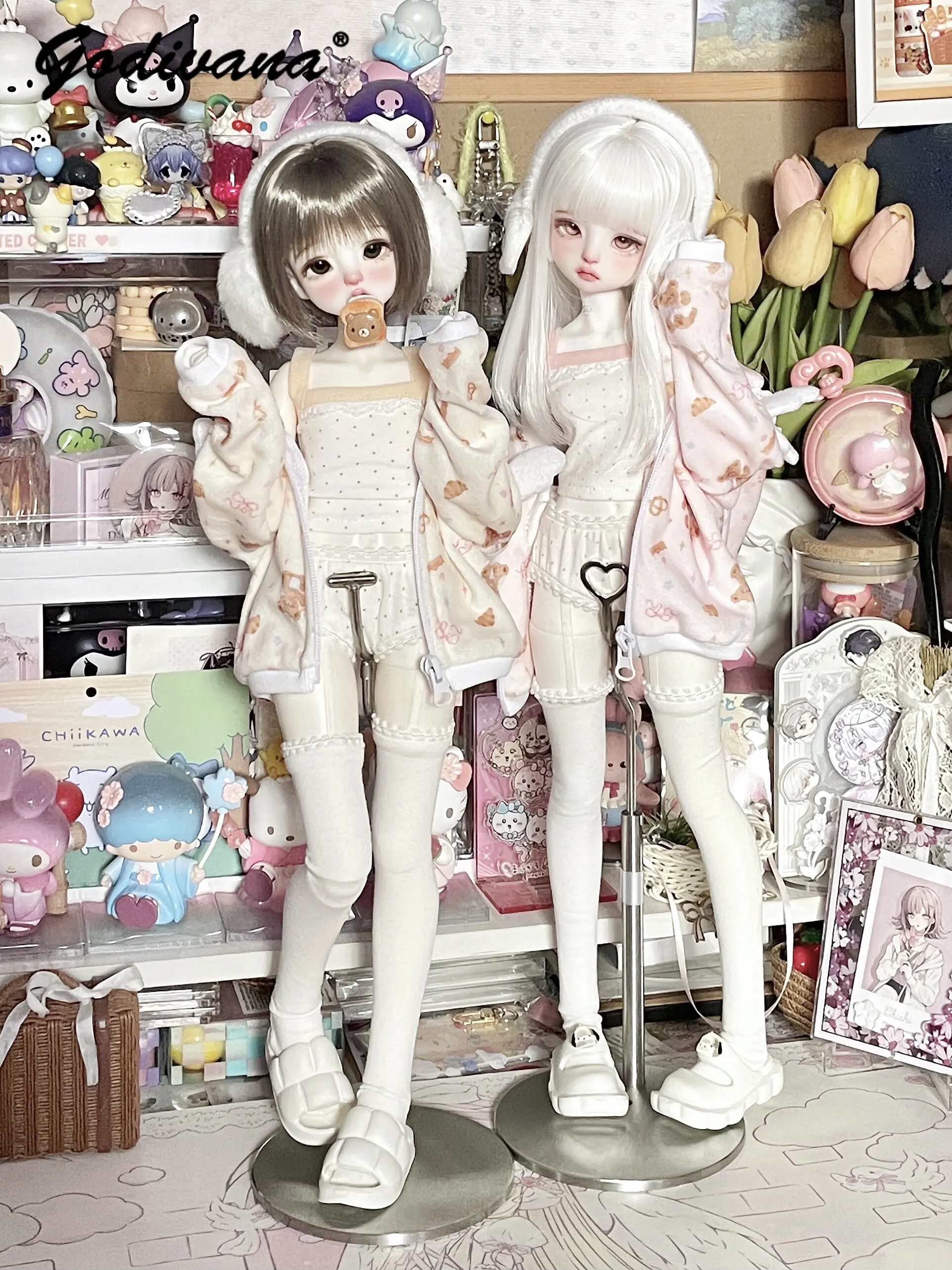 1/4 Cute Bear Print BJD Doll Clothes Sweet Home Loungewear Set Camisole Zipper Cardigan with Shorts Ear Muffs for 1/4 BJD Doll