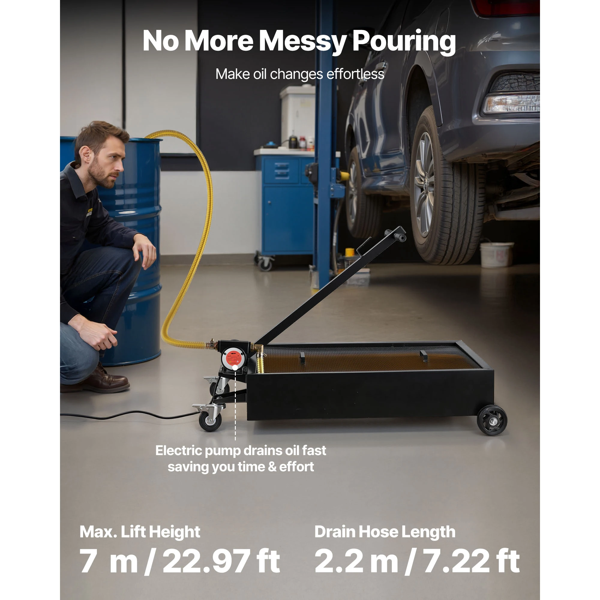 SucceBuy 15/20Gal Low Profile Oil Drain Pan Car Rolling Oil Drain Pan with Electric Pump & 7.2ft Hose for SUV Trucks Motorcycles
